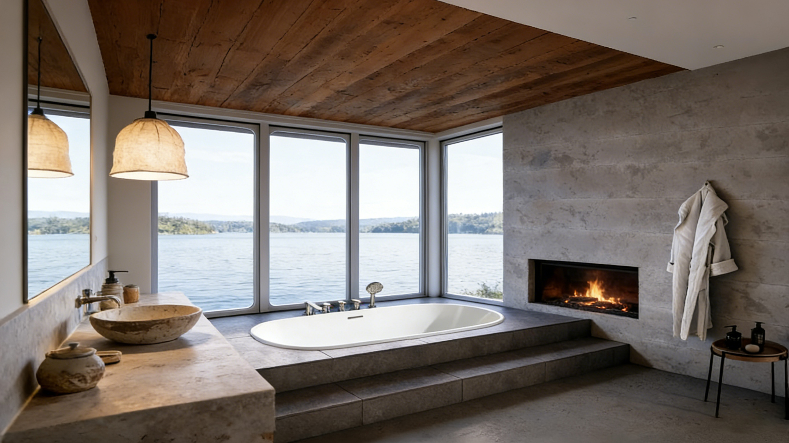 Luxury freestanding bathtub in lake view bathroom with fireplace